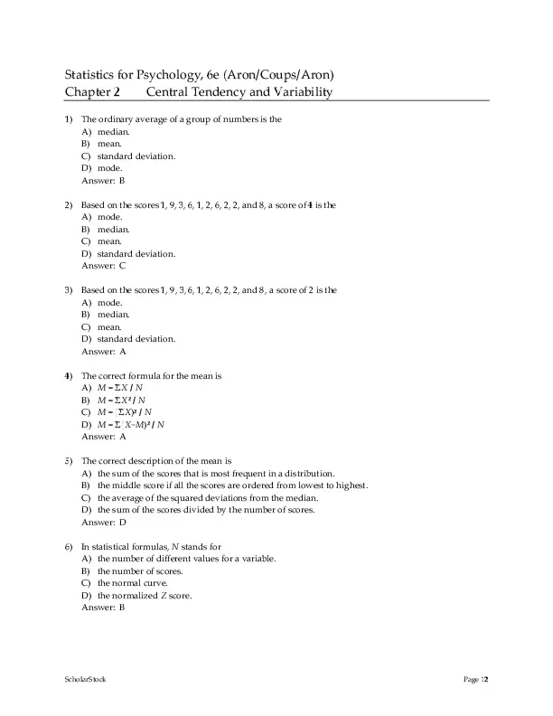 Test Bank For Statistics For Psychology, 6th Edition