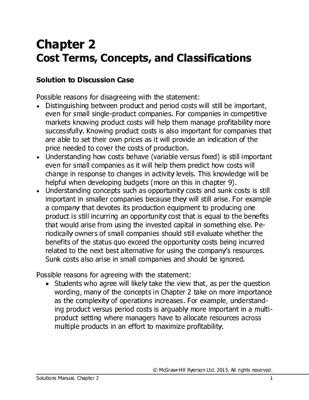 Managerial Accounting Tenth Canadian Edition Solution Manual