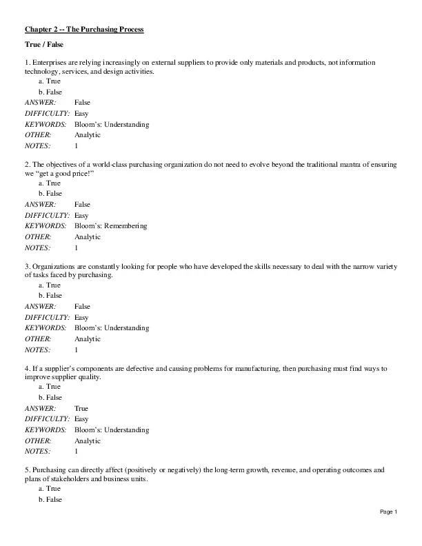 Test Bank For Purchasing And Supply Chain Management, 6th Edition
