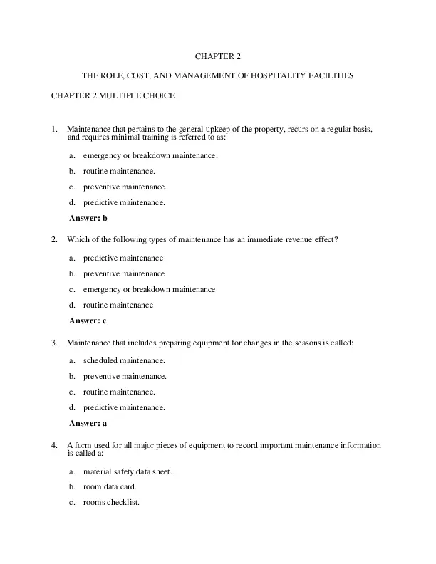 Test Bank for Hospitality Facilities Management and Design, 4th Edition