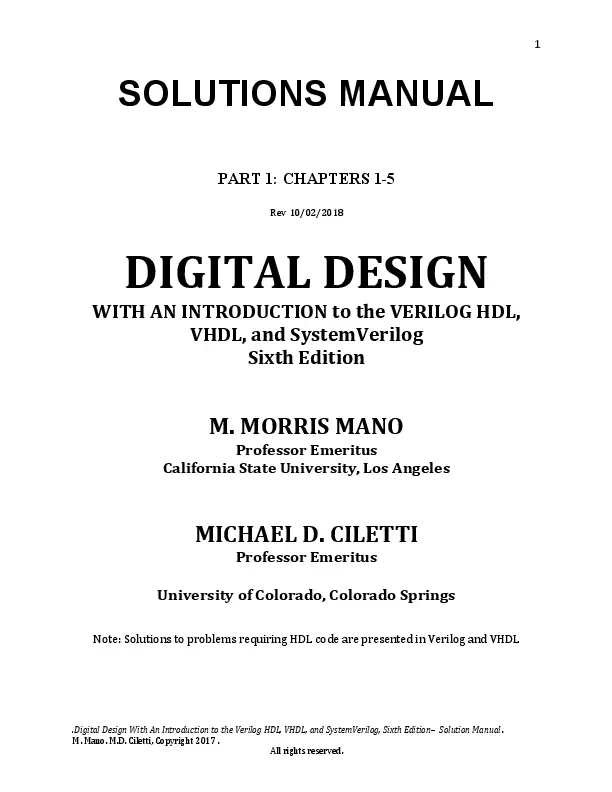 Digital Design: With an Introduction to the Verilog HDL, VHDL, and SystemVerilog, 6th Edition Solution Manual