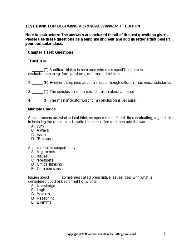 Test Bank for Becoming a Critical Thinker: A User-Friendly Manual, 7th Edition