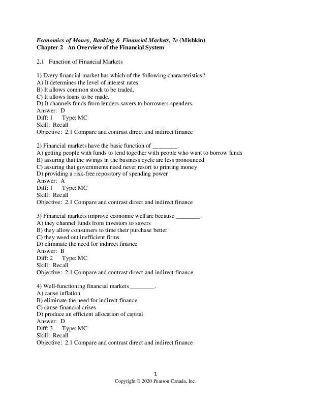 Test Bank For The Economics of Money, Banking and Financial Markets, Seventh Canadian Edition