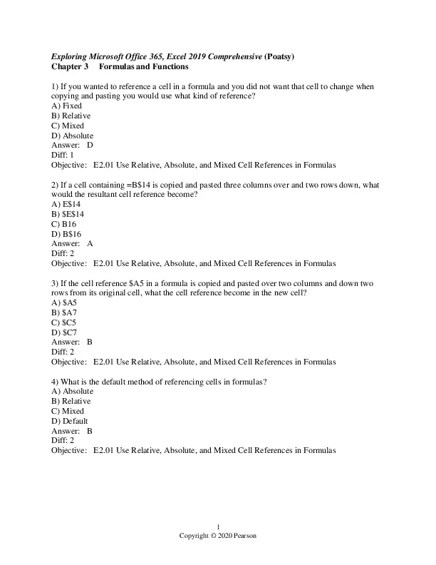 Test Bank For Exploring: Microsoft Excel 2019 Comprehensive, 1st Edition