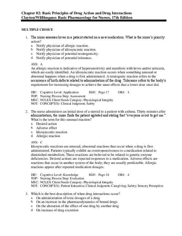 Test Bank For Basic Pharmacology for Nurses, 17th Edition