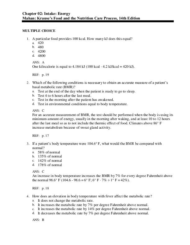 Krause’s Food and the Nutrition Care Process, 14th Edition Test Bank