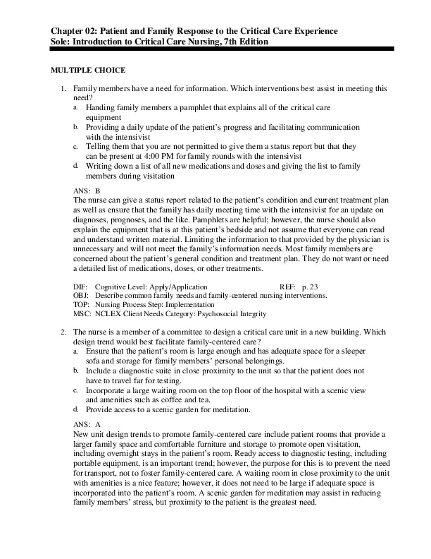 Introduction To Critical Care Nursing, 7th Edition Test Bank