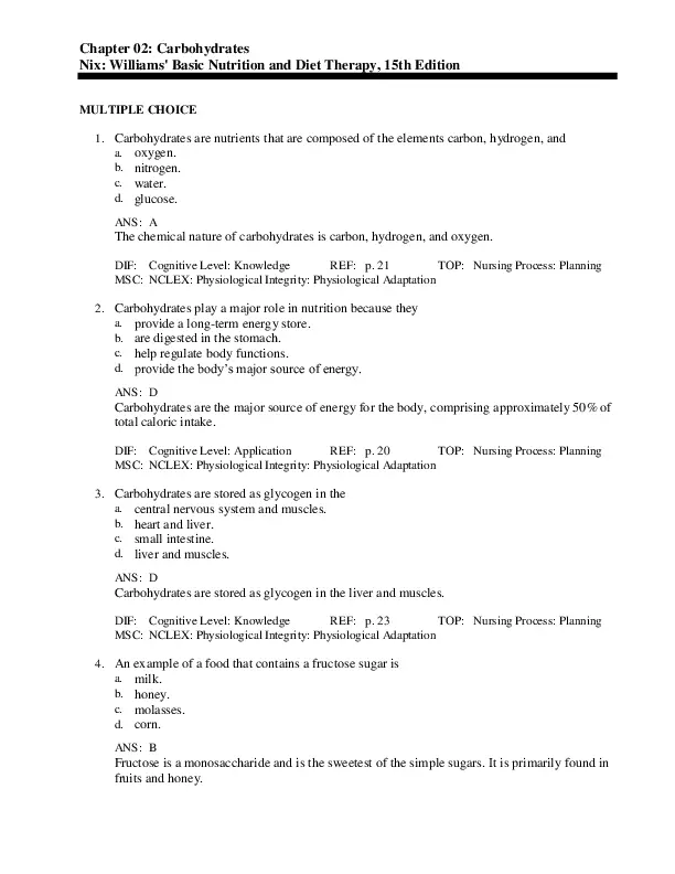 Williams’ Basic Nutrition And Diet Therapy, 15th Edition Test Bank