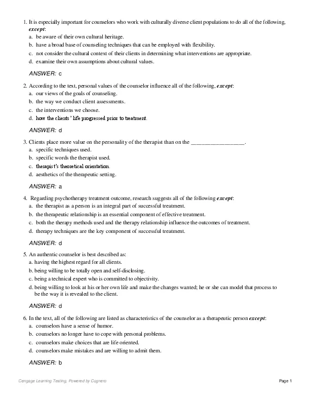 Test Bank For Theory and Practice of Counseling and Psychotherapy, 10th Edition