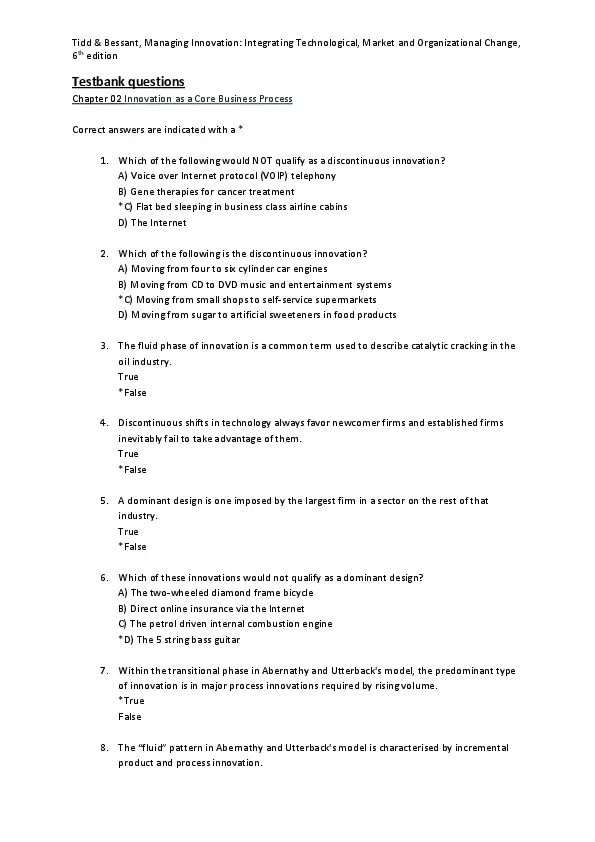 Test Bank For Managing Innovation: Integrating Technological, Market and Organizational Change, 6th Edition