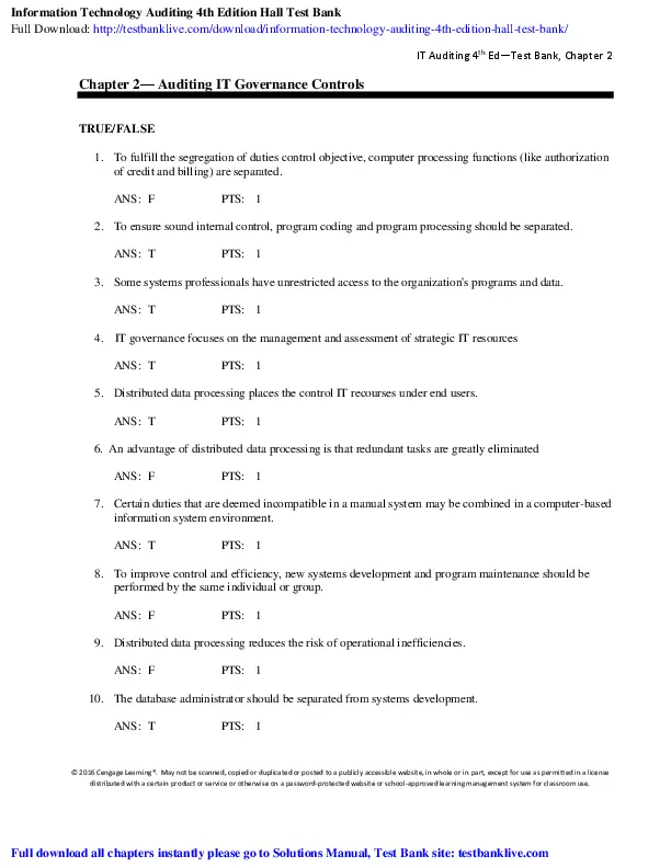 Information Technology Auditing, 4th Edition Test Bank