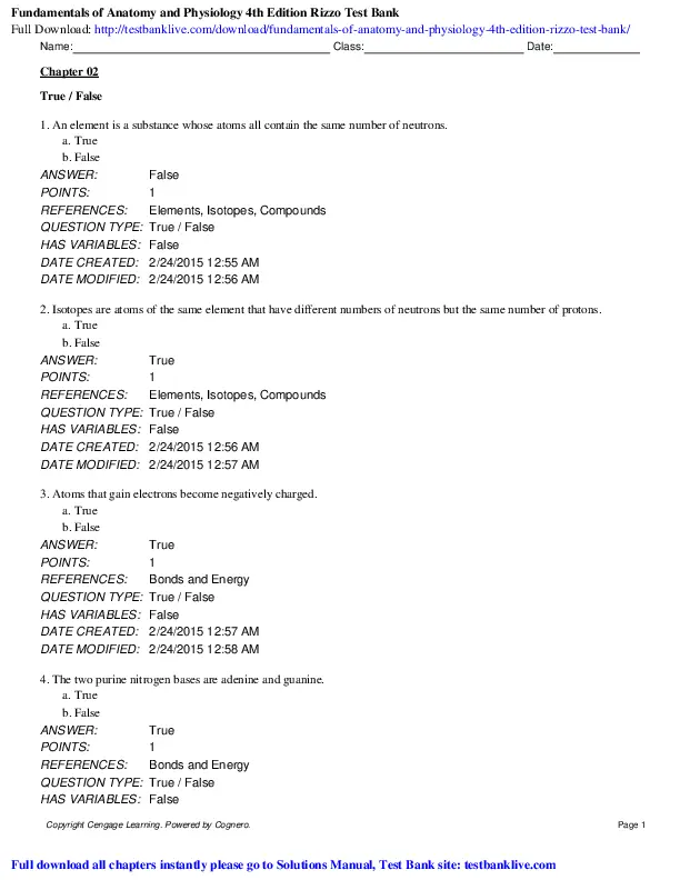 Test Bank For Fundamentals of Anatomy and Physiology, 4th Edition