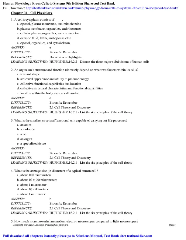 Test Bank For Human Physiology: From Cells to Systems, 9th Edition