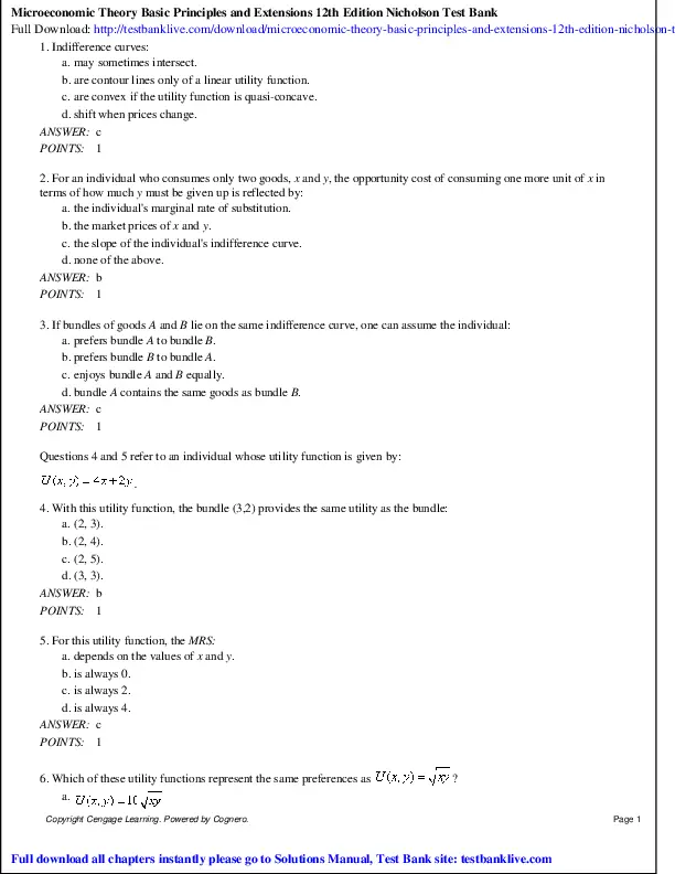 Test Bank For Microeconomic Theory: Basic Principles and Extensions, 12th Edition