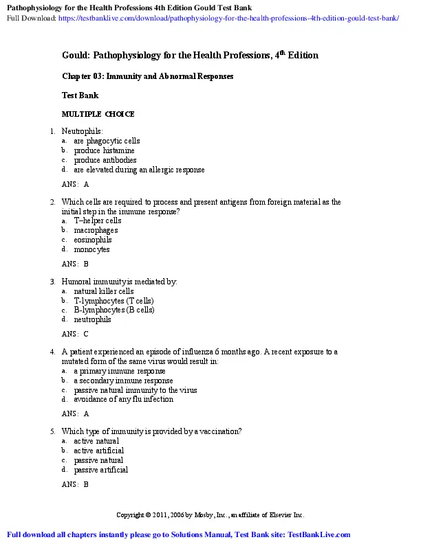 PATHOPHYSIOLOGY FOR THE HEALTH PROFESSIONS, Fourth Edition Test Bank