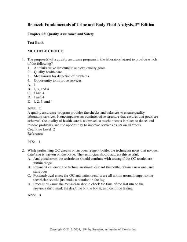 Test Bank For Fundamentals of Urine and Body Fluid Analysis, 3rd Edition