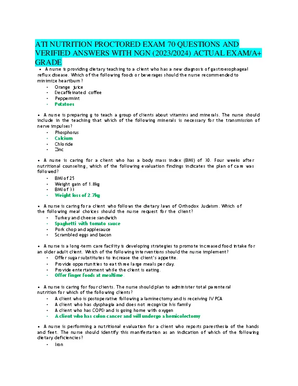 2023-2024 ATI Nutrition Proctored Exam with Answers (70 Solved Questions)