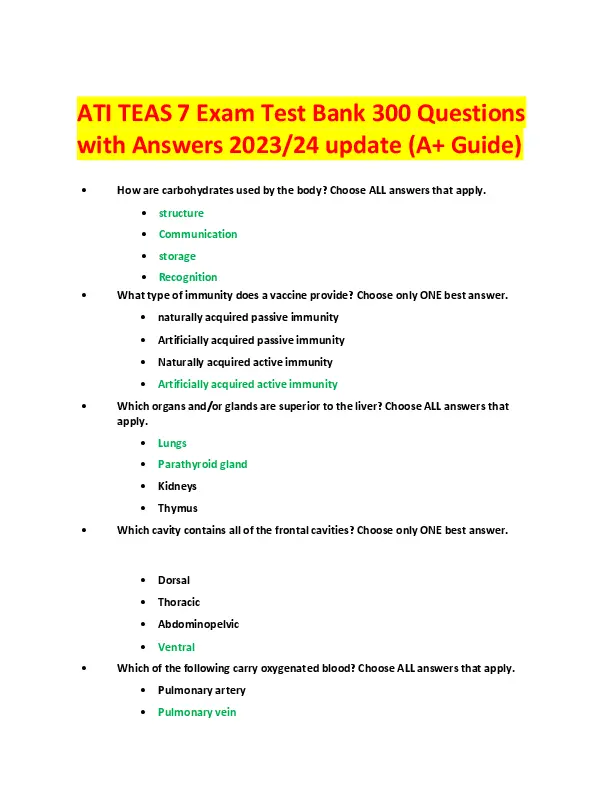 2023-2024 ATI PN Teas Exam with Answers (300 Solved Questions)