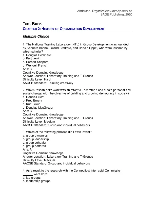 Test Bank For Organization Development the Process of Leading Organizational Change, 5th Edition