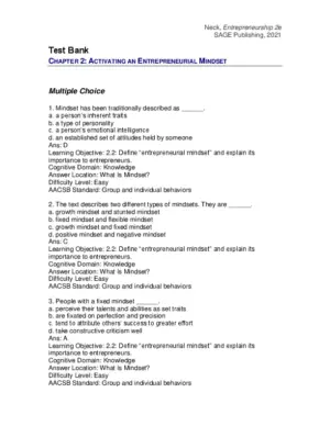 Test Bank For Entrepreneurship: The Practice and Mindset, 2nd Edition