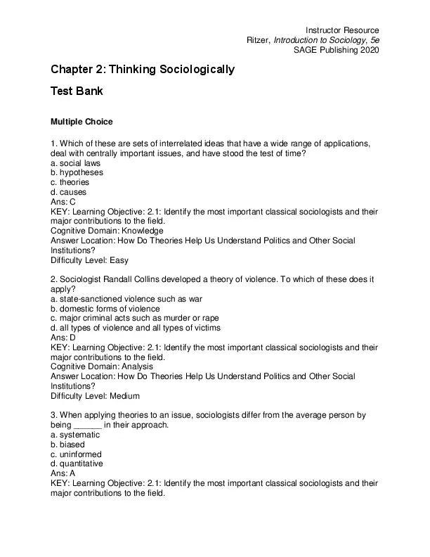 Test Bank For Introduction to Sociology, 5th Edition