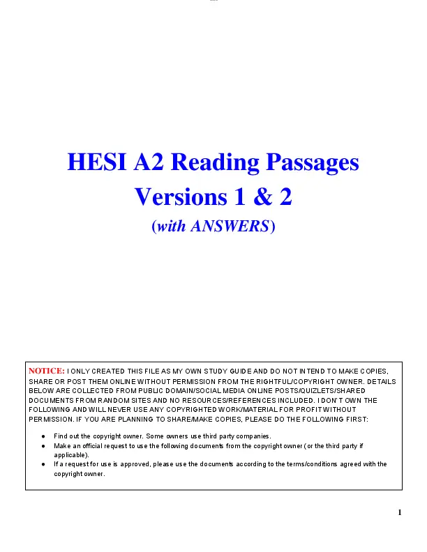 2022-2023 HESI Reading Comprehension Passage Version 1 A2 Version 1 With Answers (93 Solved Questions)